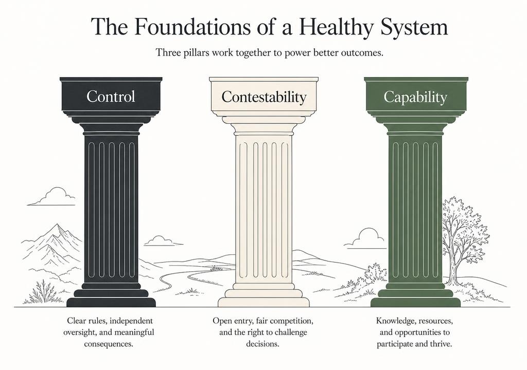 Diagram of the three pillars of technological sovereignty: Control, Contestability, Capability