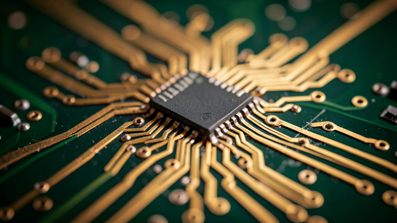 Close-up of an integrated circuit chip on a circuit board